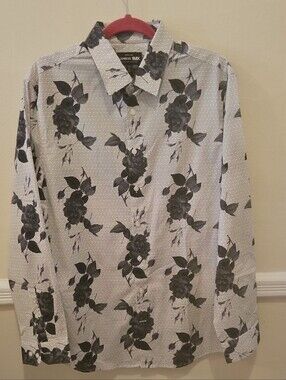 Express Men's Cream Button-Up Shirt with Black Floral Print